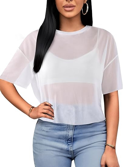 Remidoo Womens Sheer Mesh Tops Short Sleeve Crop Top Crewneck Loose T Shirt | Amazon (US)