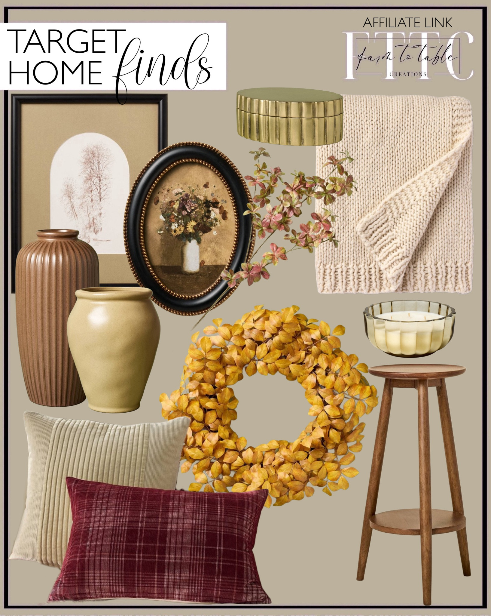 Target Home Finds. Follow @farmtotablecreations on Instagram for more inspiration. 

Fall Wreath. Corduroy pillow cover. Knit Throw Blanket. Tapered Vase. Ceramic Urn Vase. Scalloped Candle. Plant Stand. Decorative Box. Sepia Tree Framed Wall Art. Flower Bouquet Wall Art. Quince Fall Stem. 

#target #targetdecor #falldecor #cozyhome #targetstyle

#LTKHome #LTKFindsUnder50 #LTKStyleTip