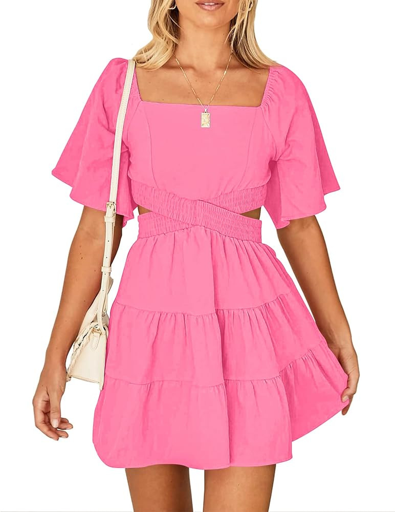 Women's Summer Dresses Square Neck Casual Short Sleeves Crossover Elastic Waist Party Mini Dress | Amazon (US)