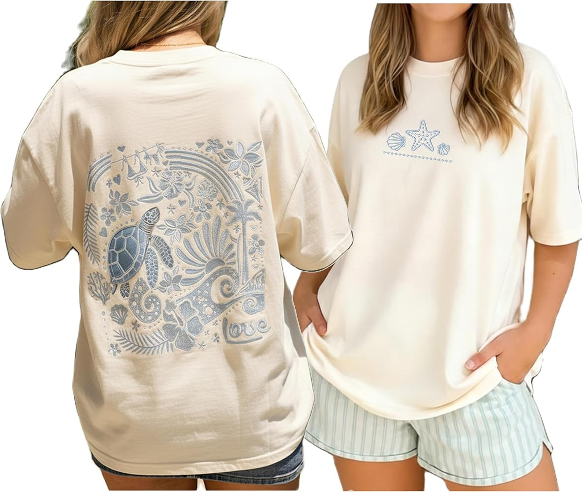 Women Teens Cute Oversized Graphic Tee Shirts Summer Y2k Short Sleeve Crewneck Ocean Seashell Bag... | Amazon (US)