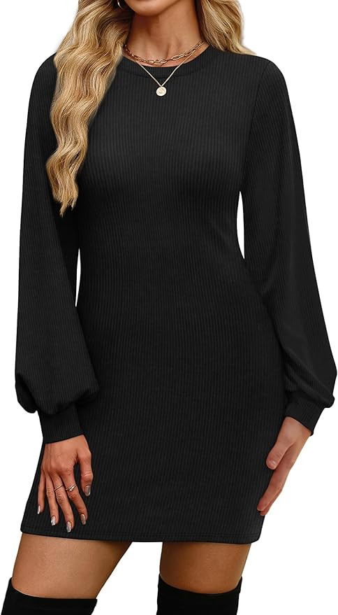 OFEEFAN Sweater Dresses for Women 2025 Fall Winter Puff Long Sleeve Crewneck Bodycon Fleece Ribbe... | Amazon (US)