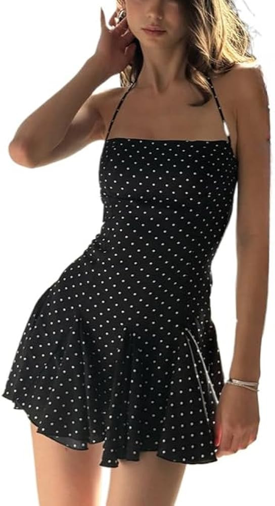 Polka Dot Halter Mini Dress for Women Y2k Sleeveless Ruffle Hem Backless Mini Dress Vintage Stree... | Amazon (US)
