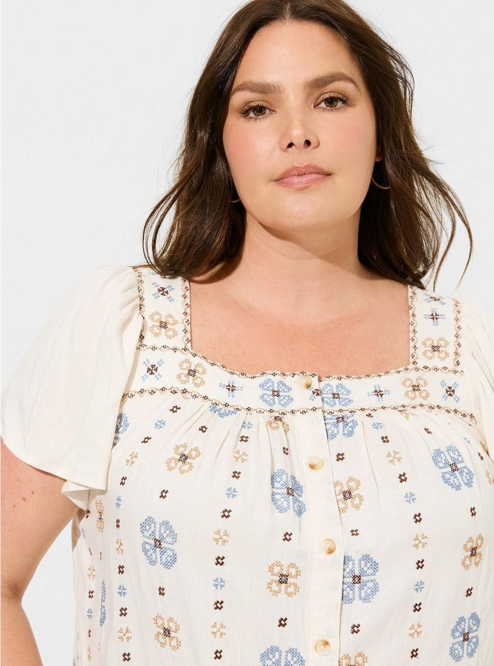 Embroidered Square Neck Flutter Short Sleeve Top | Torrid (US & Canada)