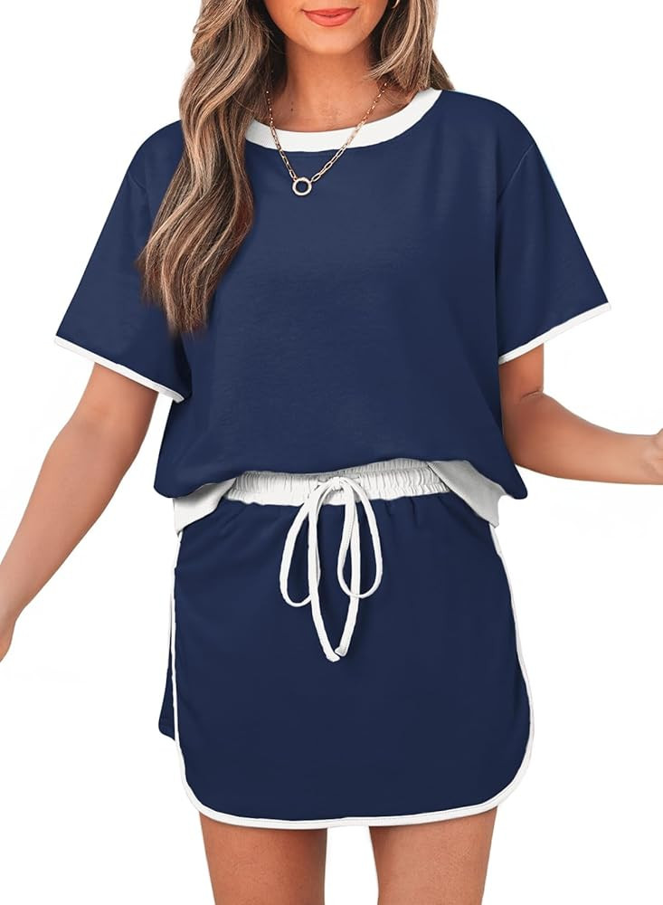 Women's 2 Piece Sets Summer Casual Short Sleeve Tops and Matching Drawstring Skort Going Out Loun... | Amazon (US)