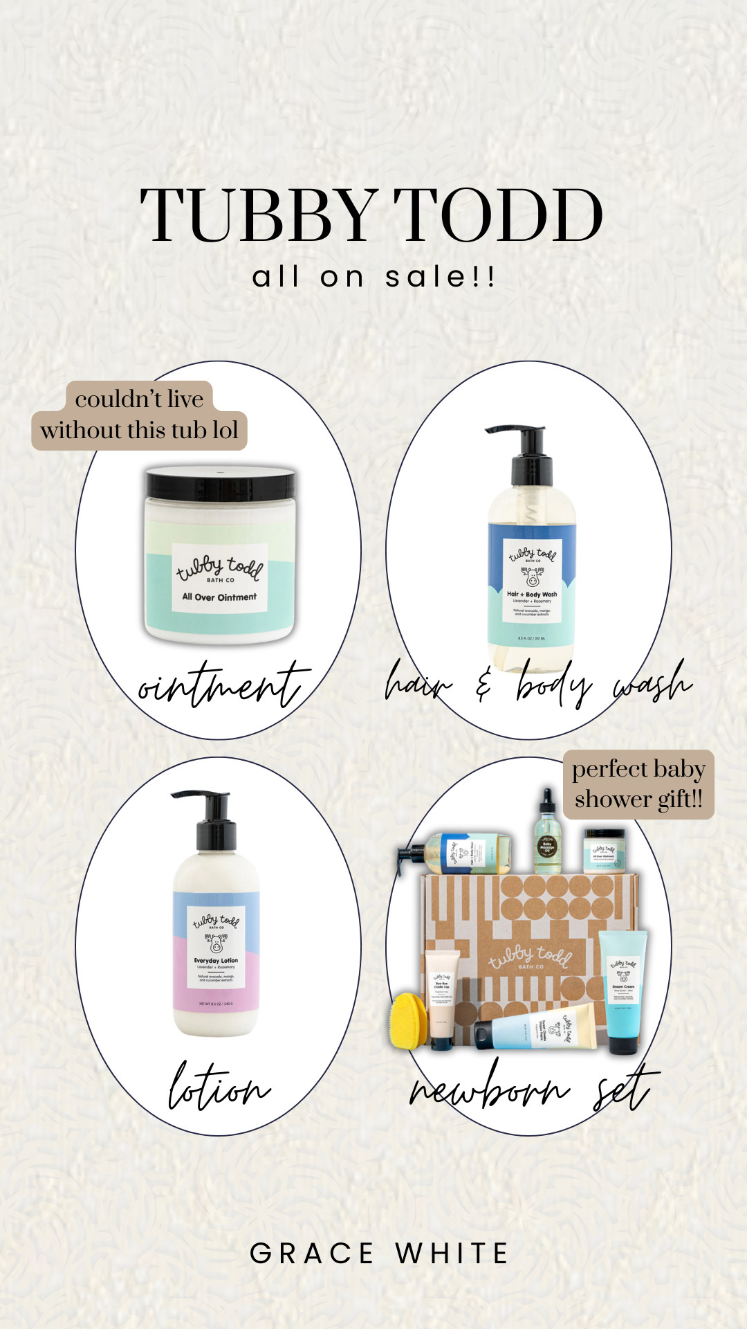 Tubby Todd favs!!

tubby todd, tubby todd favs, tubby todd best sellers, best sellers, baby ointment, baby products, baby shower gifts, Grace White 

 #LTKSaleAlert #LTKBaby #LTKKids