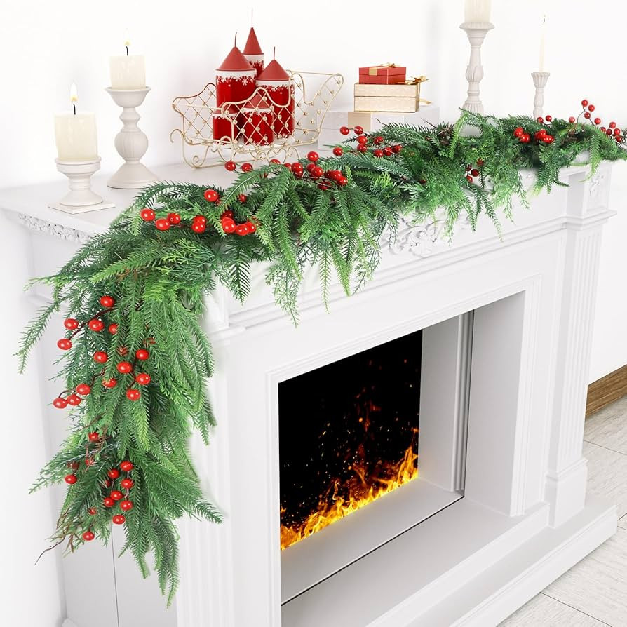 Norfolk Pine Garlands with Red Berries, 6Ft Artificial Soft Christmas Pine Cypress Garland, Green... | Amazon (US)