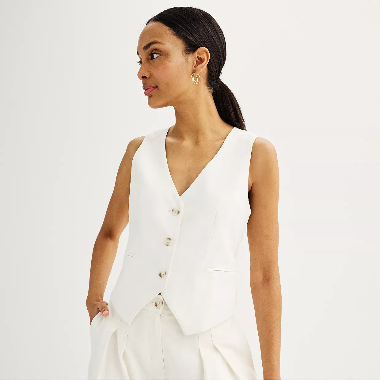 Women's Nine West V-Neck Linen-Blend Button Front Vest | Kohl's