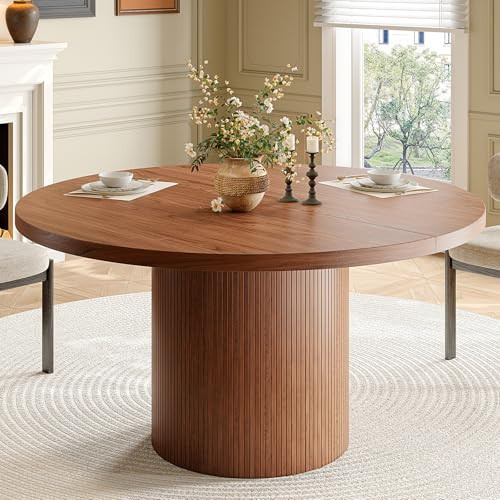 47 inch Round Dining Table for 4, Circle Kitchen Table with Wood Strip Base, Modern Farmhouse Dinner Tables for Kitchen, Living Room (Walnut) | Amazon (US)