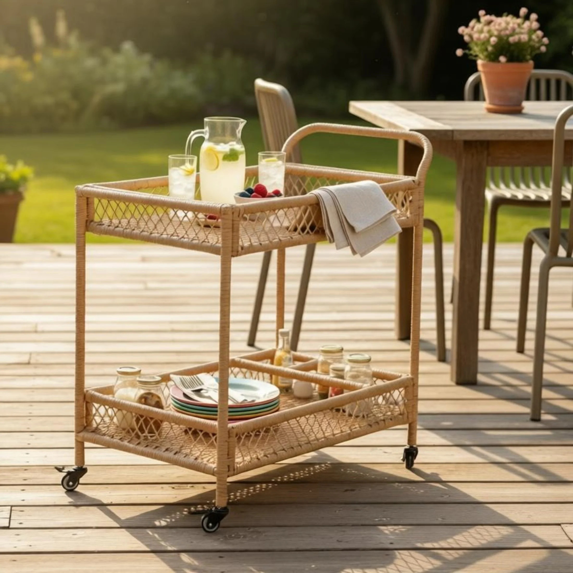 Christopher Knight Home Outdoor Wicker Bar Cart with 2-Tier, Bottle Rack, Locking Casters, Natura... | Walmart (US)