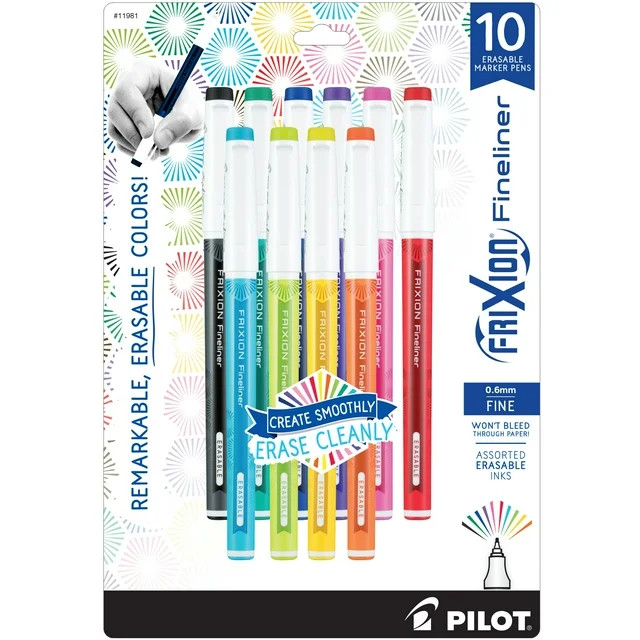 Pilot FriXion Fineliner Erasable Marker Pens, Fine Point, Assorted Ink, 10 Count | Walmart (US)