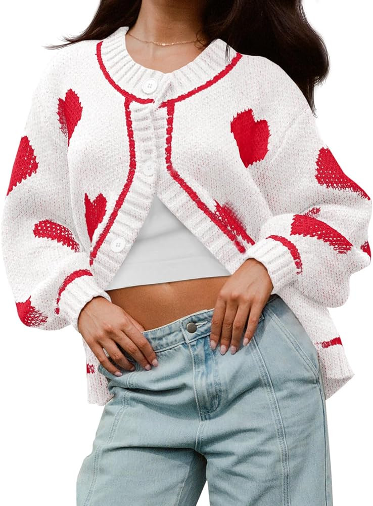 Saodimallsu Womens Cute Heart Cardigan Sweaters Chunky Knit Button Down Crewneck Long Sleeve Swea... | Amazon (US)
