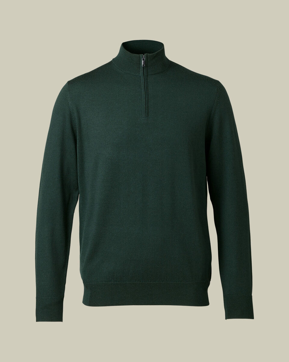 Pure Merino Quarter Zip Sweater - Forest Green | Charles Tyrwhitt