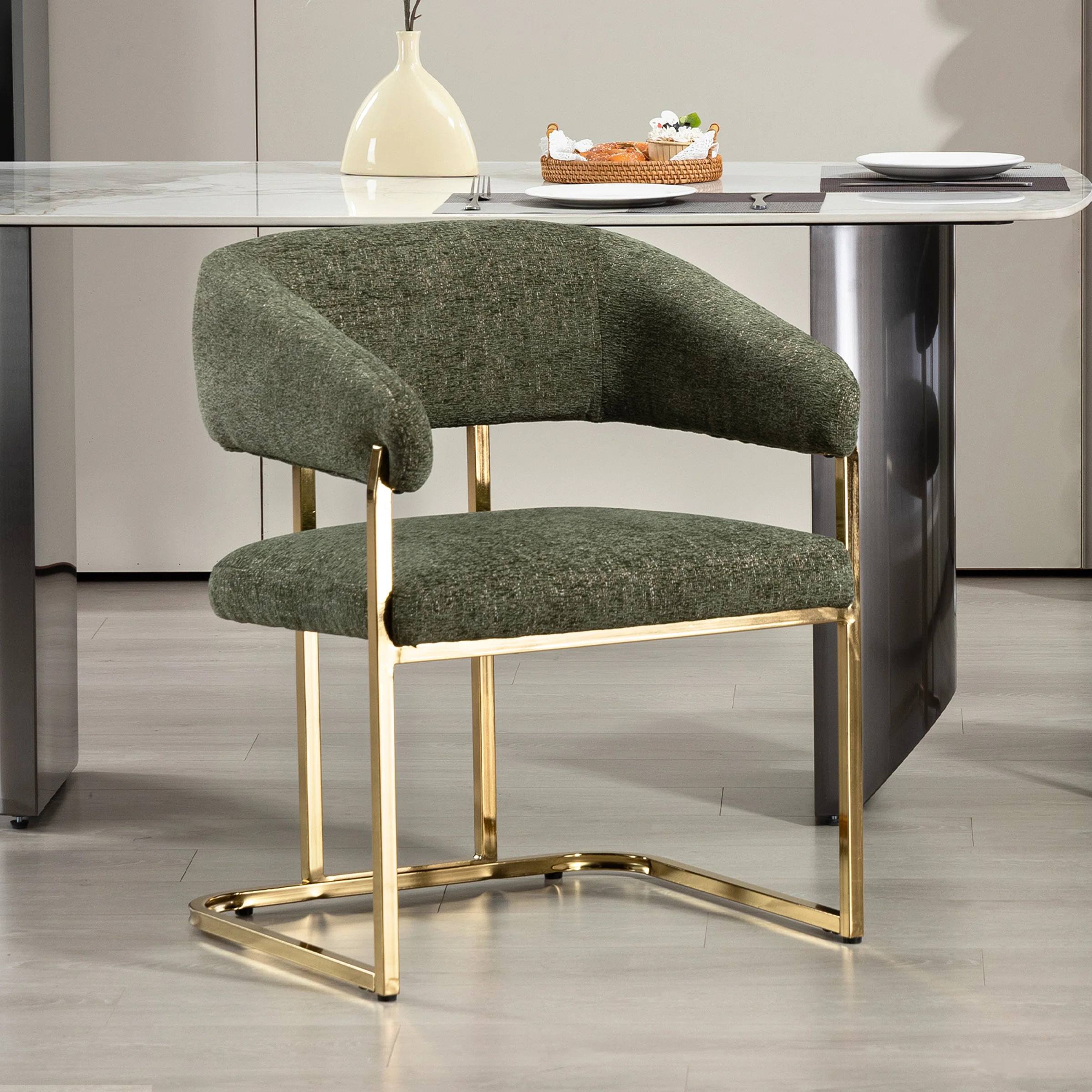 Modern 22" Seat Wide Metal Frame Chenille Upholstered Armchair Dining Chair (Green) | Wayfair North America