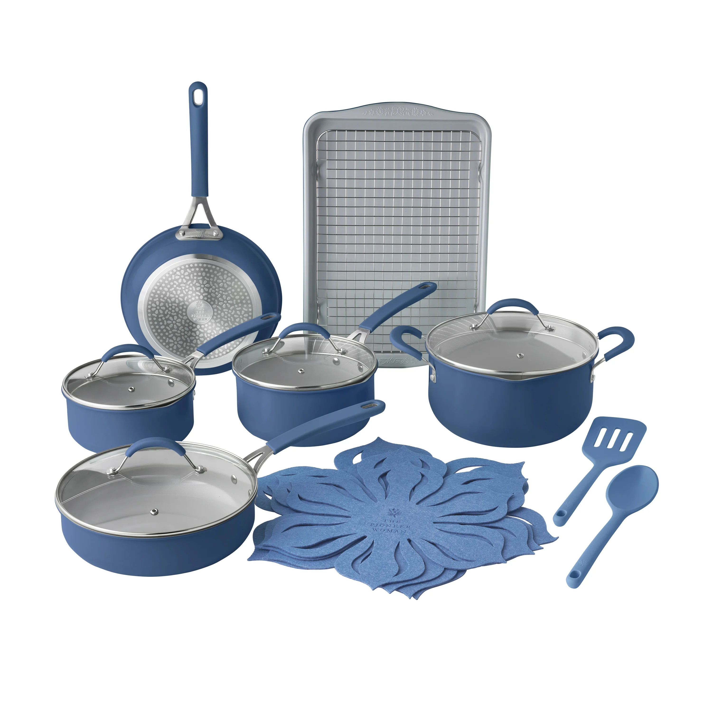 The Pioneer Woman Sutton 17-Piece Ceramic Cookware Set with Strainer Lids and Cookie Sheet with R... | Walmart (US)