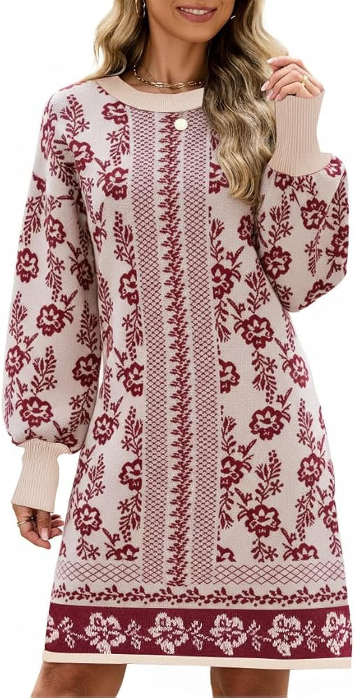 Kedera Womens Floral Knit Mini Dress Sweater Pullover Casual Crewneck Long Sleeve Flower Printed ... | Amazon (US)