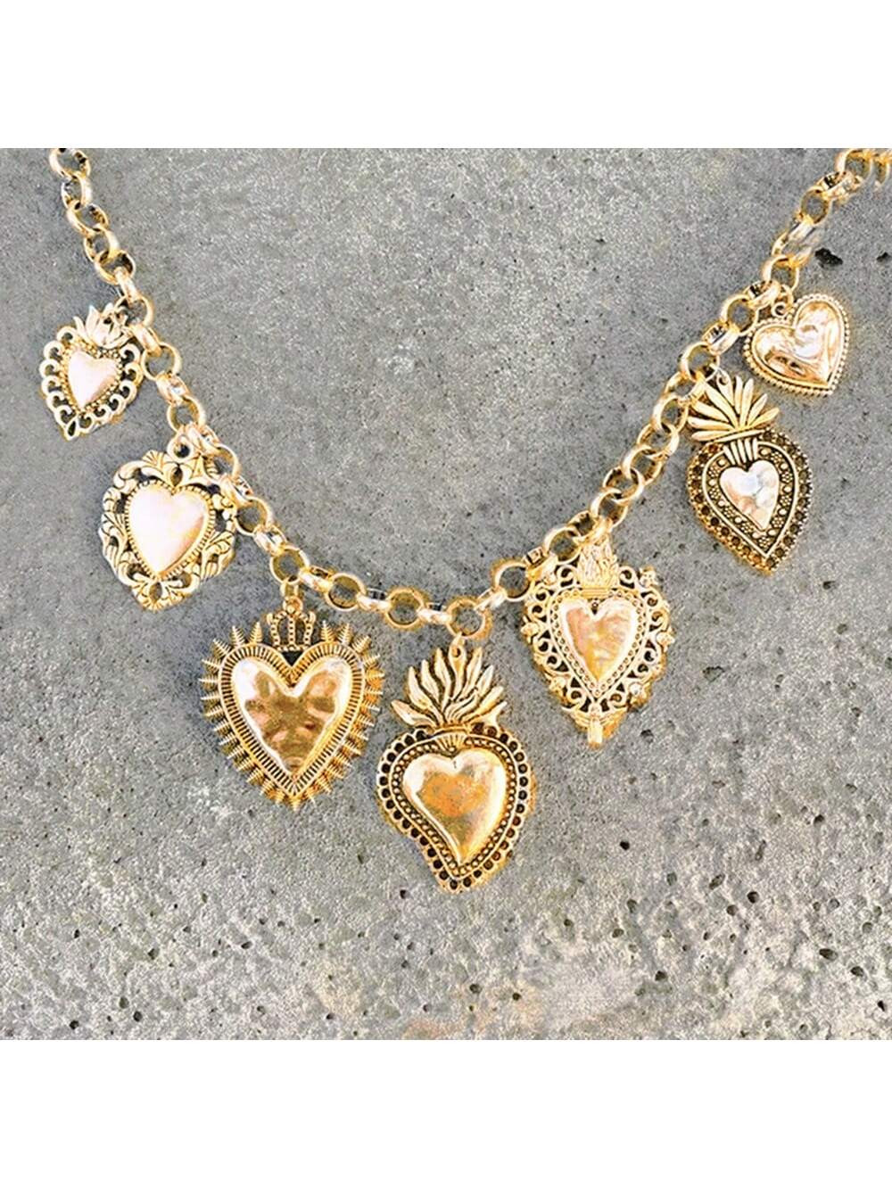 manbara Gothic Gold Silver Mary Sacred Heart Pendant Necklace Alloy Red Enamel Flame Sacred Heart... | SHEIN