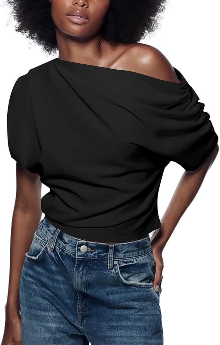 Rooscier Women's One Shoulder Ruched Short Sleeve Tops Casual Loose Shirts Blouses | Amazon (US)