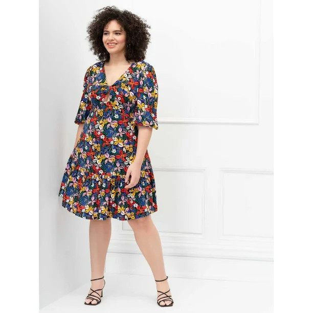 ELOQUII Elements Women's Plus Size Knot Front Floral Print Flounce Dress | Walmart (US)