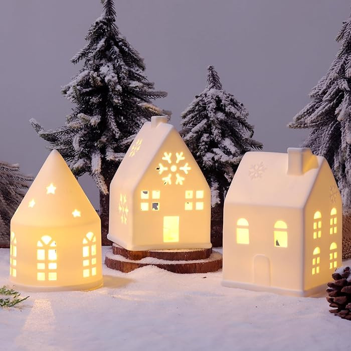Christmas Village Sets, 3Pcs White Christmas Village Sets Christmas Decorations Indoor, Christmas... | Amazon (US)