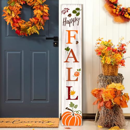 Fall Porch Sign, Pumpkin Sign for Front Porch, Happy Fall Wooden Sign Yard, Vertical Wood Sign Standing for Patio Front Door Porch, Flat Design Fall Pumpkins Holiday Home Party Wall Yard Home Decor Indoor Outdoor, 47x8 inch | Amazon (US)