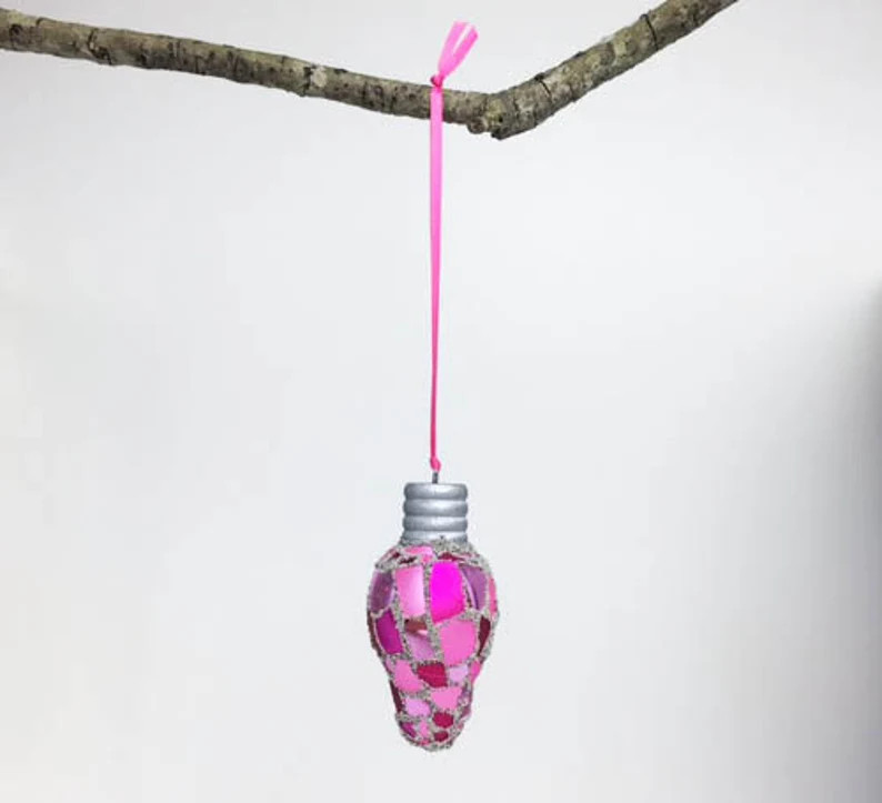Pink Mosaic Christmas Lightbulb Ornament, Glass Ornament, Retro Lightbulb, Metallic Glass, Deck t... | Etsy (US)