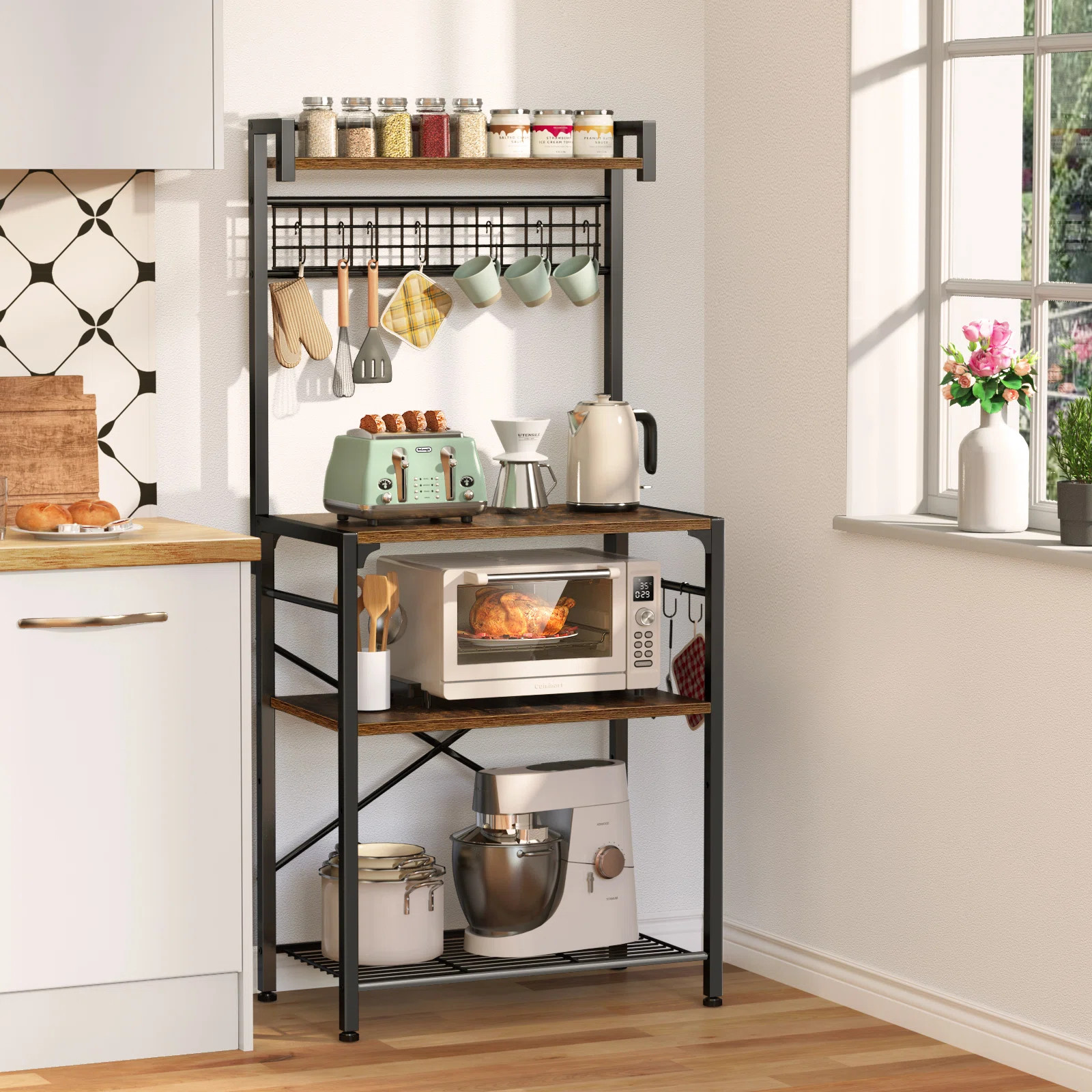 Kuljeet 21.65'' Adjustable Iron Standard Baker's Rack with Microwave Compatibility, 10 Hooks | Wayfair North America