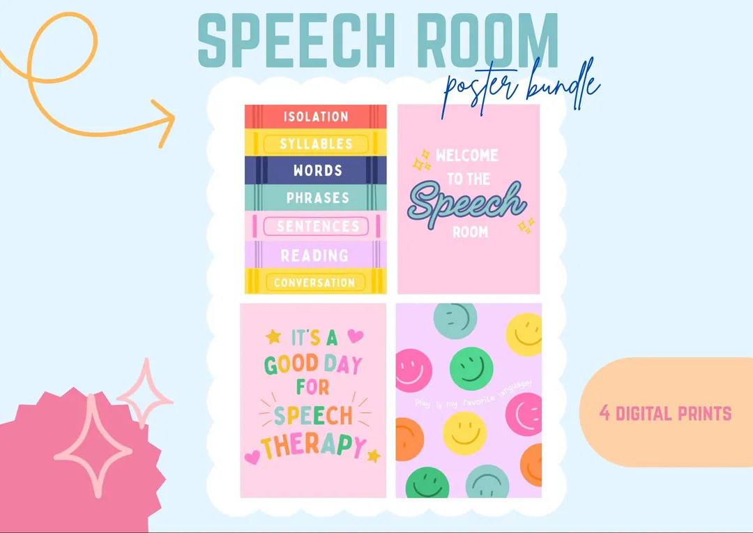 Speech Therapy Room Decor: Colorful Poster Bundle | 4 Unique Speech Room Designs | Art Prints (PD... | Etsy (US)