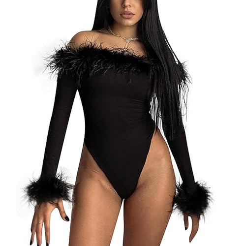 RISCUYY Black Bodysuit Women Shapewear Long Sleeve Off Shoulder Feather Trimmed Bodysuit Top Slim Fit | Amazon (US)