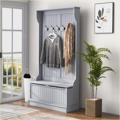 Coat Racks 3-in-1 Entryway Hall Tree, 38” Storage Bench with 4 Hooks & Shoe Storage | Gray | Coat Racks | Wayfair North America