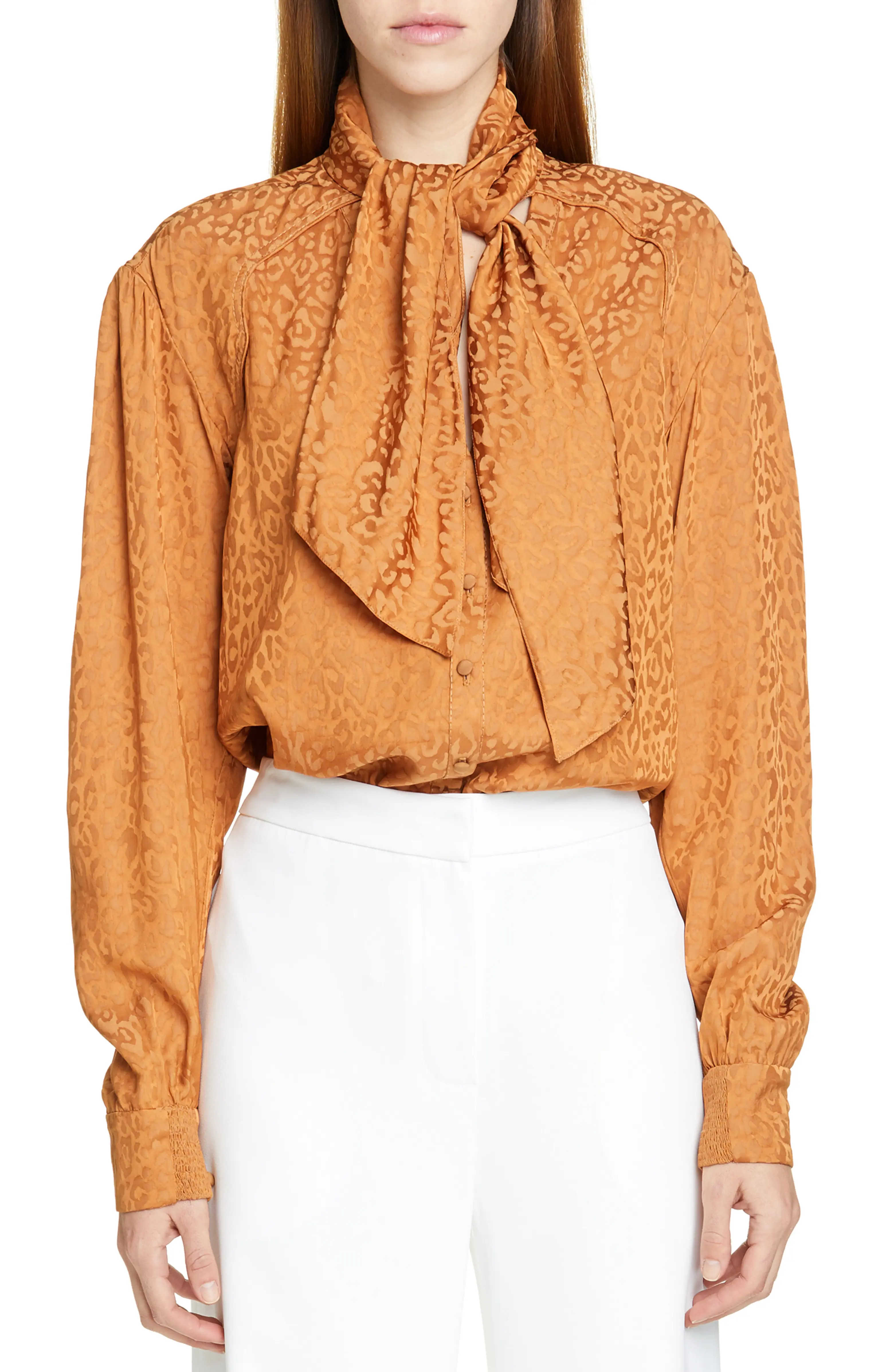 Jaguar Jacquard Tie Neck Blouse | Nordstrom