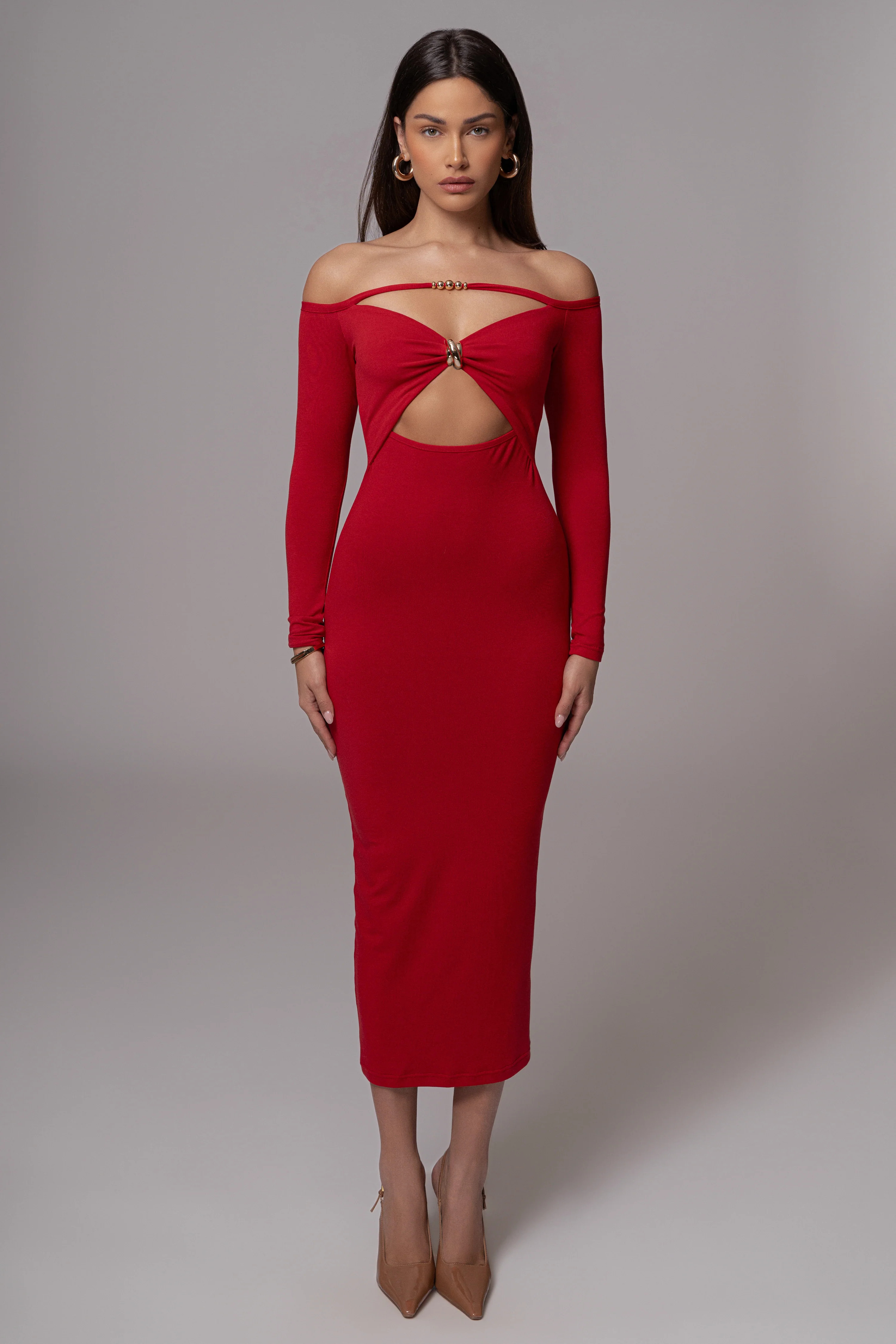 Red Off Shoulder Cutout Dress | JLUXLABEL