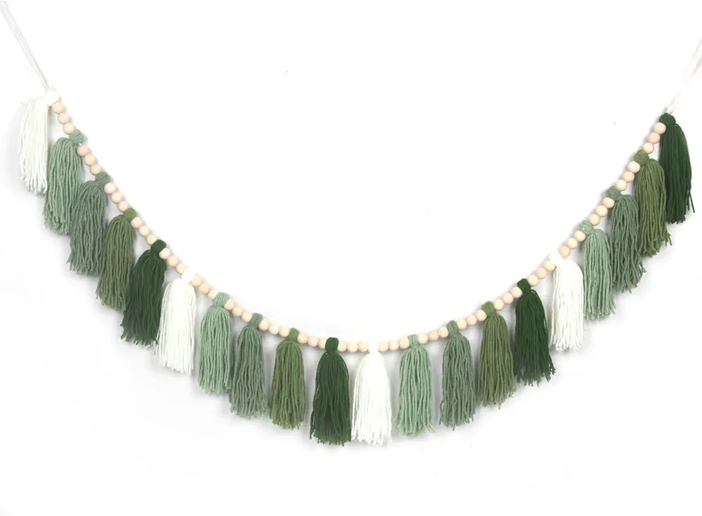 Green Boho Yarn Tassel Garland Sage Green Garland Wall Hanging Decor Forest Woodland Tassel Banne... | Amazon (US)