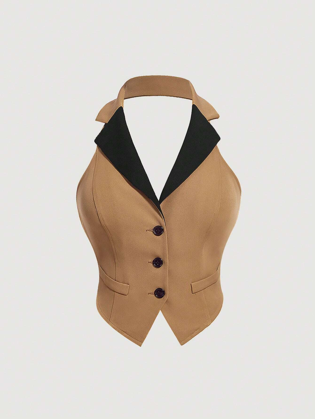 SHEIN MOD Plus Contrast Collar Button Front Halter Top | SHEIN