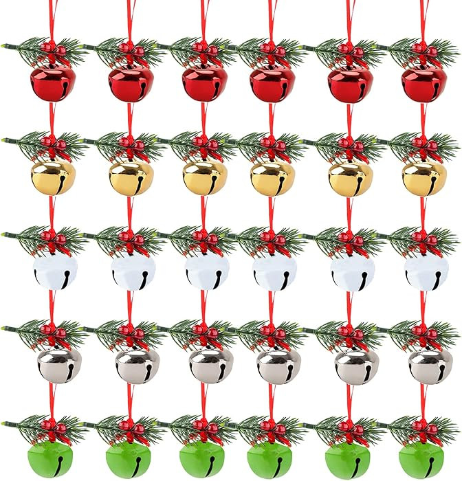 MCPINKY 30PCS Christmas Bells, Jingle Bells with Holly Leaves Berries for Craft, Gift Wrapping Ch... | Amazon (US)