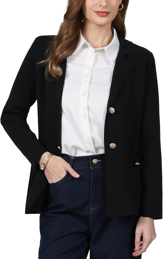 Hobemty Women's Sweater Blazer Business Casual Lapel Neck Button Knit Suit Jacket with Pockets | Amazon (US)
