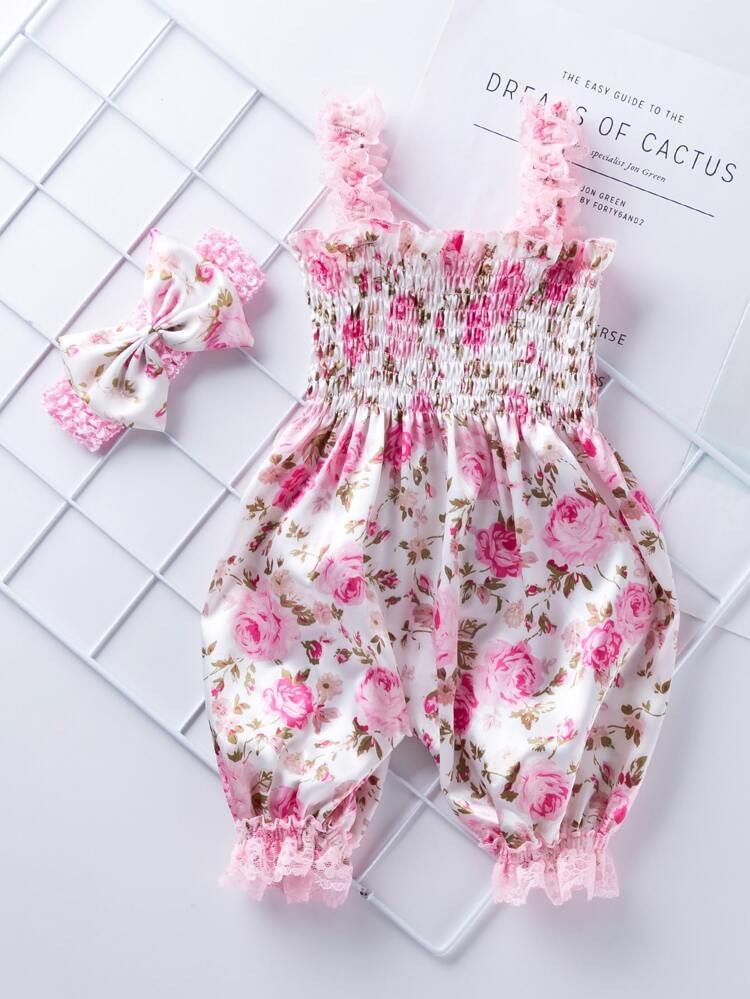 Baby Girl Allover Floral Shirred Satin Romper & Headband | SHEIN