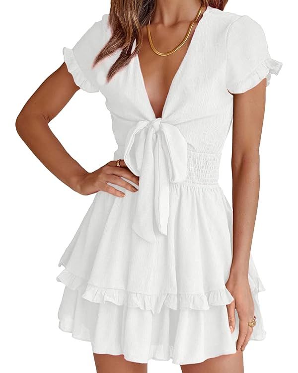 PRETTYGARDEN Women's 2023 Summer Swing Mini Dress Tie Front V Neck Short Sleeve Ruffle Layer A-Li... | Amazon (US)