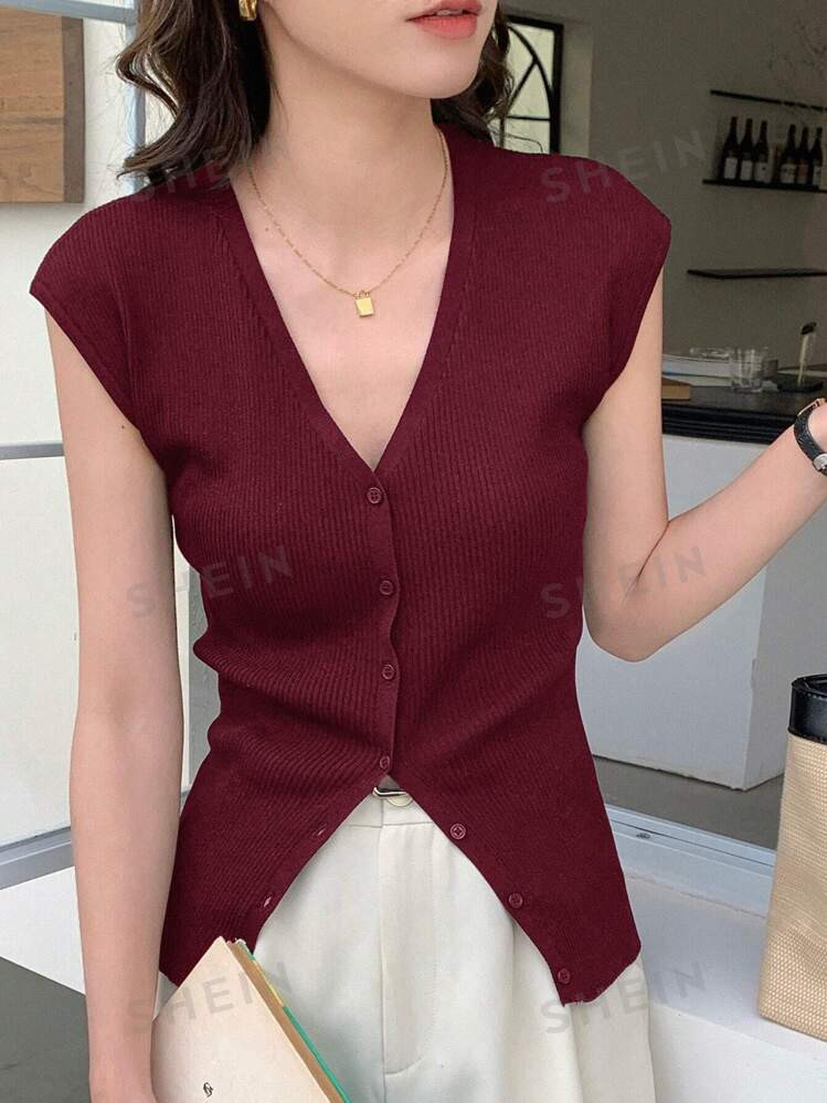 DAZY Business Casual Solid Color Slim-Fit Sleeveless V-Neck Women Knit Sweater | SHEIN