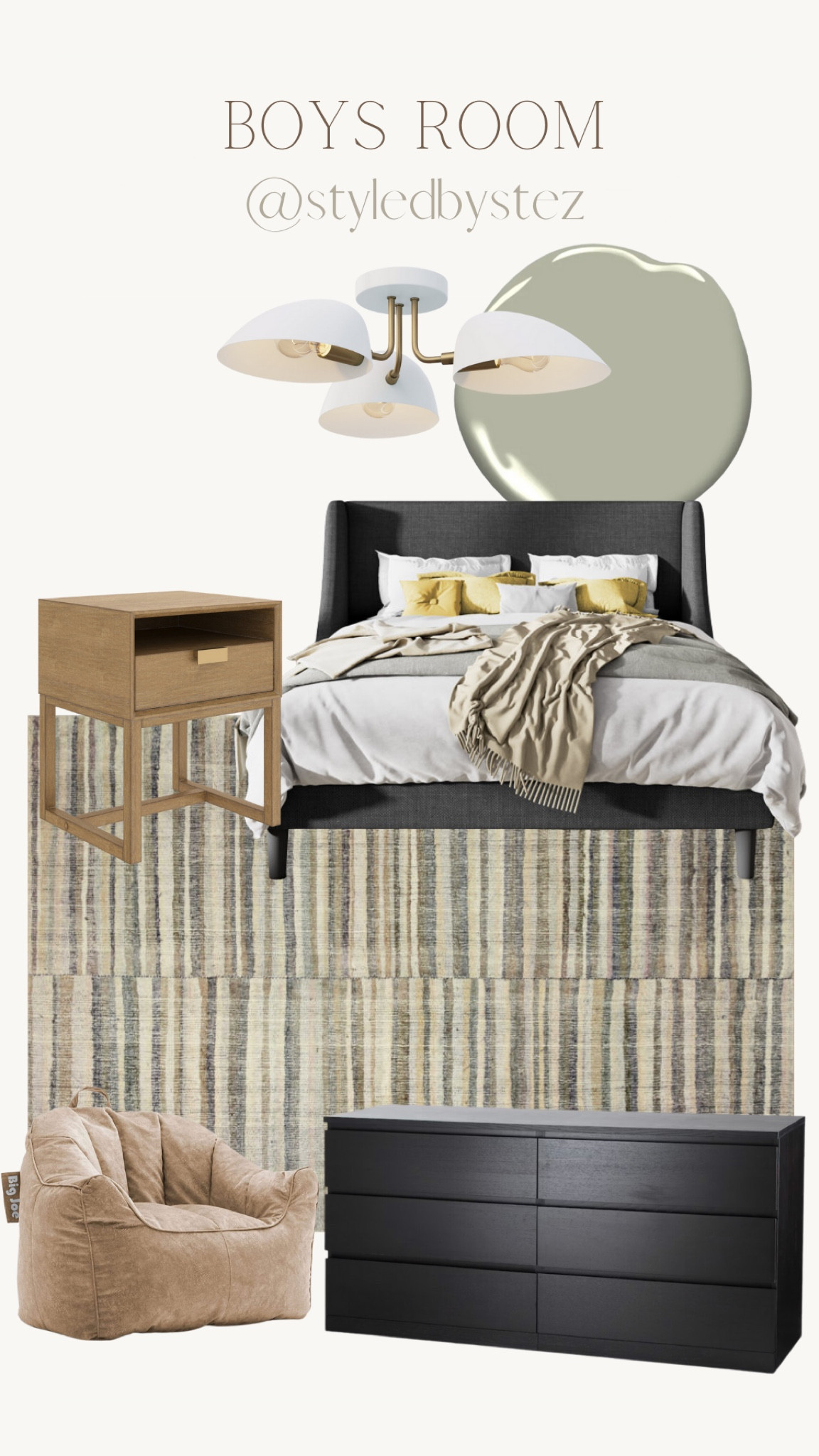 Big boy room plans, ceiling light, nightstand, rug, kids chair, bean bag chair