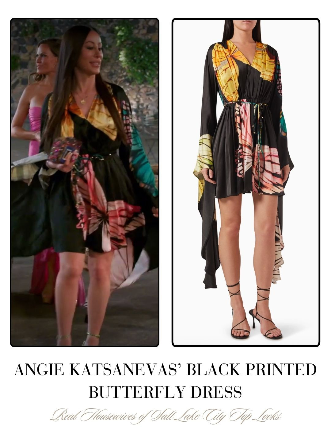 Angie Katsanevas’ Black Butterfly Print Dress on The Real Housewives of Salt Lake City Season 6 Finale is  by Leo Lin / No Link