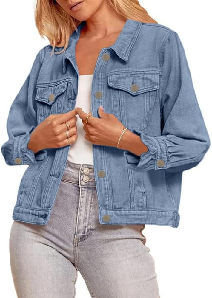 Plffkfly Women's Denim Jackets Button Down Long Sleeve Classic Jean Coat | Amazon (US)