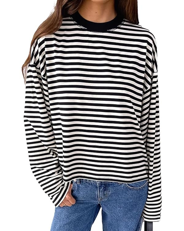 Striped Long Sleeve Shirt Women Oversized Sweatshirt Baggy Tee Shirts Crewneck Pullover Y2K Tops | Amazon (US)