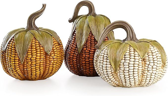 Valery Madelyn Pumpkins Fall Table Decor for Home, Set of 3 Decorative Corn Pumpkins Resin Figuri... | Amazon (US)