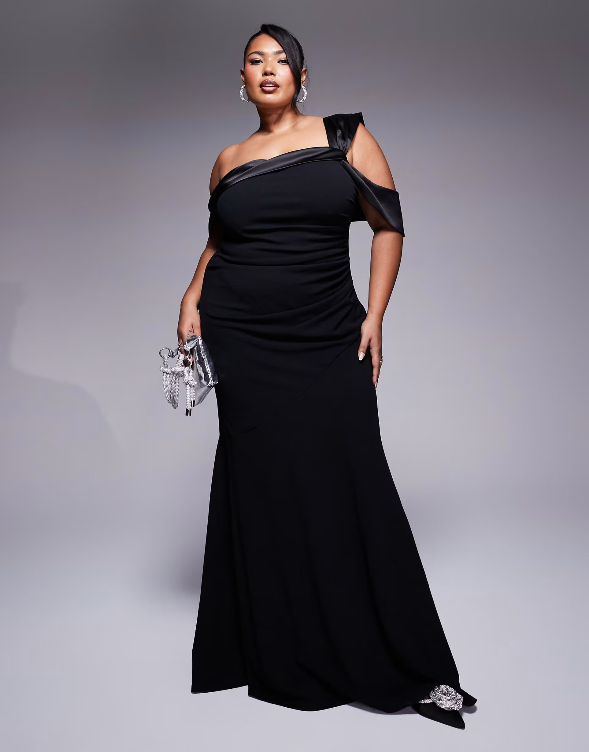 Goddiva Curve one shoulder satin band maxi dress in black | ASOS | ASOS (Global)