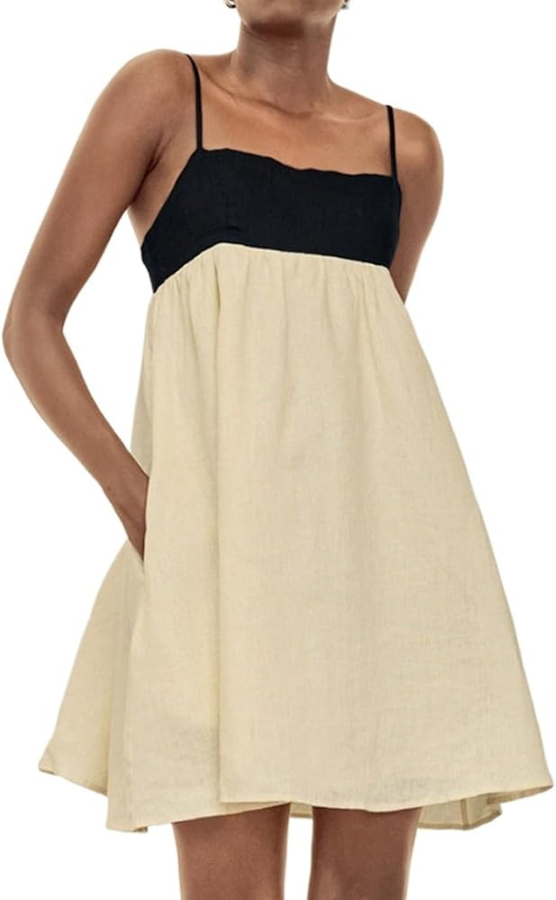 Spaghetti Strap Backless Mini Dress for Women - Casual Color Block A-Line Sundress with Pockets f... | Amazon (US)