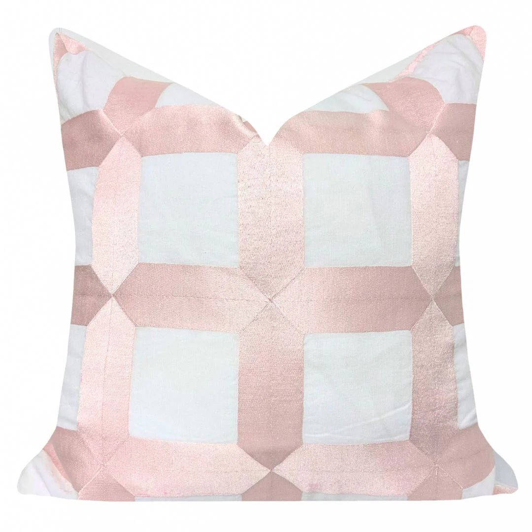 Embroidered Square Lattice 22x22 Pillow, Pink | Laura Park Designs