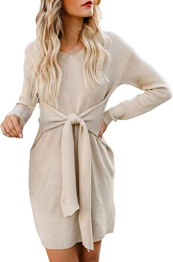 Happy Sailed Women Knotted Sweater Dress V Neck Long Sleeves Tie Waist Knitted Sweater Pencil Dre... | Amazon (US)