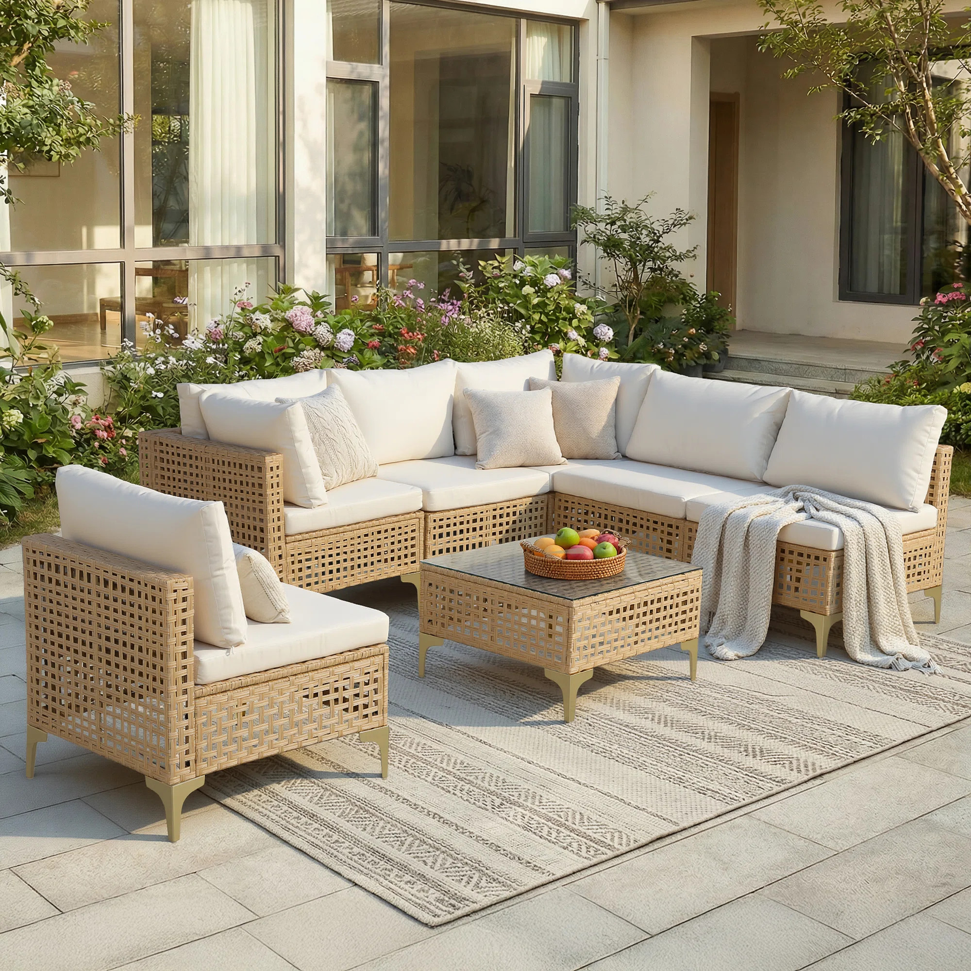 7 Piece Patio Furniture Set, Outdoor Wicker Modular Sectional Patio Conversation Set With Thicker... | Wayfair North America