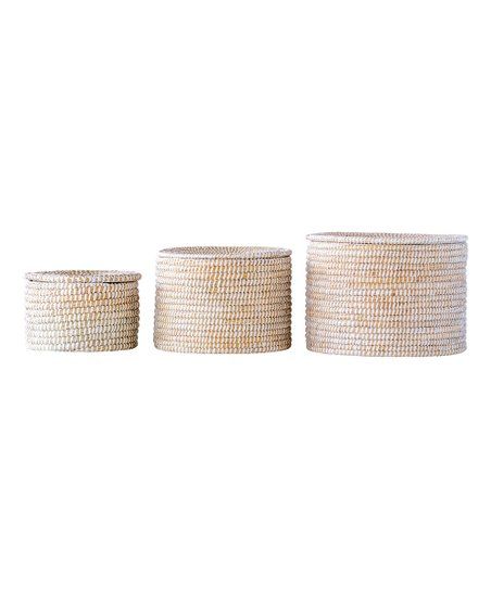 White Woven Seagrass Covered Basket - Set of Three | Zulily