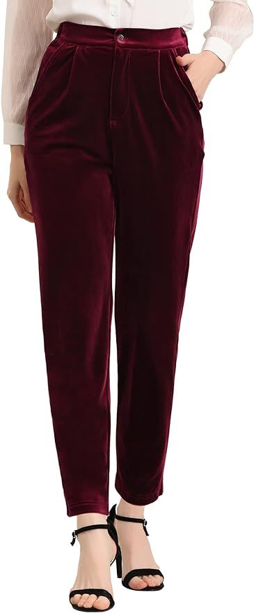 Allegra K Women's 2023 Velvet Elegant High Waist Trousers with Pockets Work Ankle Pants | Amazon (US)